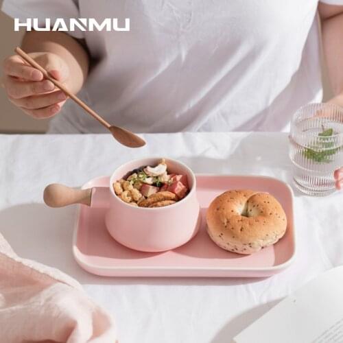 European Style Log Handle Ceramic Bowl Breakfast Afternoon Tea Bowl Set Salad Milk Tableware Pink Dark Green Dessert Bread Bowl