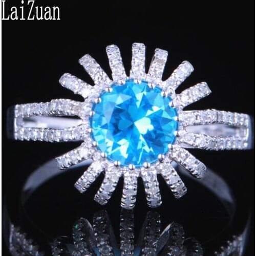 LaiZuan Real 10K White Gold Certified Round 6.5 100% Genuine Natural Blue Topaz Diamond Engagement Wedding Ring Fine Jewelry