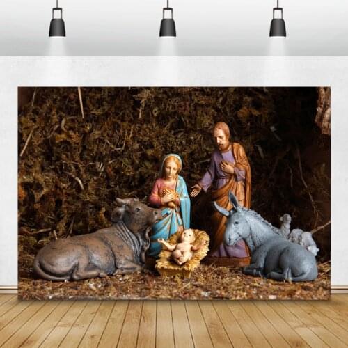 Laeacco Nativity Scene Jesus Birth Bullpen Horse Baby Sculpture Photography Backgrounds Christmas Backdrops Photo Studio Props