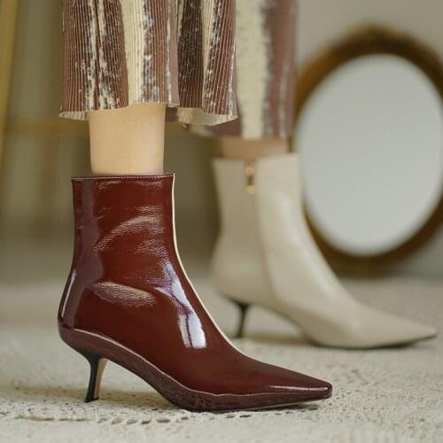Black Fashion Pointed Toe Color matching Ankle Boots Autumn Winter Women Boots Patent Leather High Heel Booties Ladies Boots
