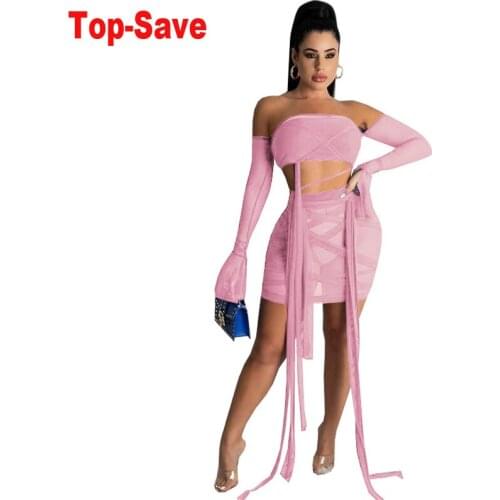 Fashion Sexy Night Clubwear Party Two Piece Set Women Skirt Off The Shoulder Crop Top Msh Flared Sleeves See Through Mini Dress