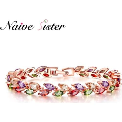 Trendy Mona Lisa Bracelet Rose Gold Color Multicolor Leaf AAA Cubic Zirconia Bracelets For Women Lady Girl Birthday Gift Jewelry