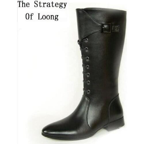 Spring Autumn Men Genuine Leather Buckle Pointed Toe High Equestrian Boots Male Zipper Long Military Botas Knight Boots 191127