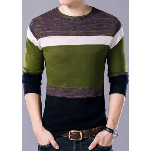 Man Slim Fit Jersey Jumper Casual Wide Striped Sweater Patchwork Colors O-Neck Sweaters Knit Clothes Long Sleeved