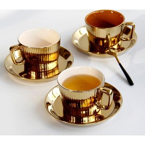 250ml Gold Plated Saucer Set Ceramic Tea Coffee European Style Espresso Office Tumbler Cup Picnic Birthday Wed Anniversary Gift