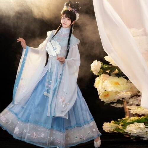 New Chinese Traditional Clothes For Women Adult Ancient Princess Fairy Costumes Ming Dynasty Long Robe Blue Hanfu Suit DQL5817