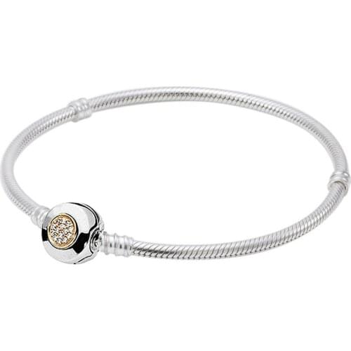 Original MOMEMTS Two-Tone Signature Snake Chain Bracelet Bangle Fit 925 Sterling Silver Bead Charm Bracelet Diy Pandora Jewelry