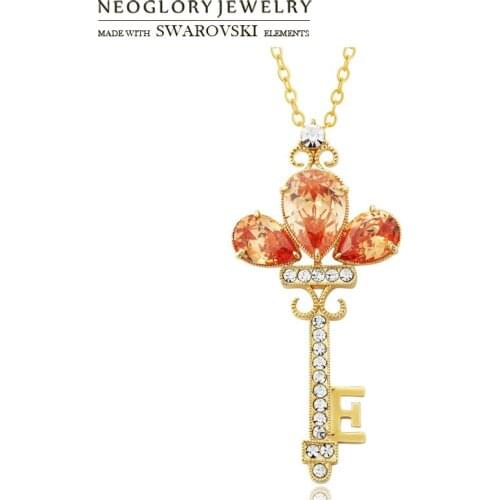 Neoglory Ausria Rhinestone & Zircon Long Pendant Necklace Key Shaped Light Yellow Gold Color Women Exquisite Trendy Gift Sale