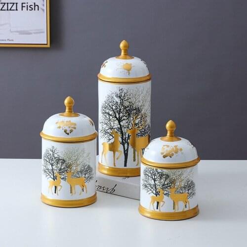 Gilded Deer Ceramic Candy Jars with Cover Modern Decor Painted Forest Storage Jar Porcelain Vase Jewelry Cosmetic Containers