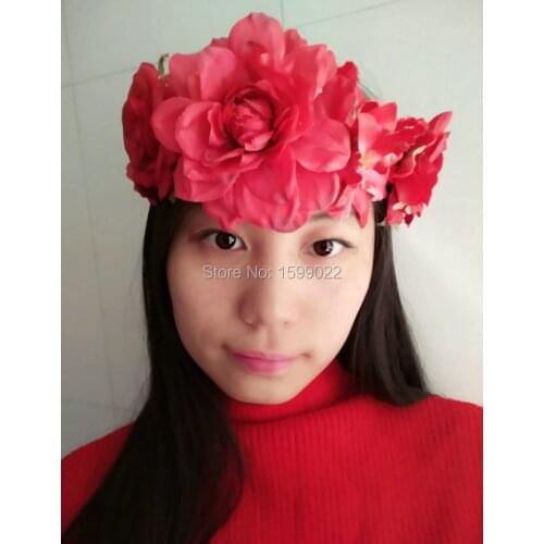 Adjustable Large Fabric Flower Burlap Headband Hair Accessories for Diy Bridal Crown Holiday Headdress Red Floral Head Wreath