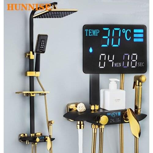 Bathroom Mixer Tap Luxury Digital Bathroom Shower Set Black Gold Bath Mixer Faucet Intelligent Thermostatic Bathroom Shower Set