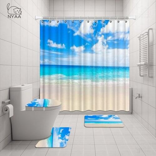 Sunny Beach Sea Wave Shower Curtains Set Bathroom Curtain Coastal Printed Non-Slip Rugs Toilet Lid Cover Mat Carpet Home Decor
