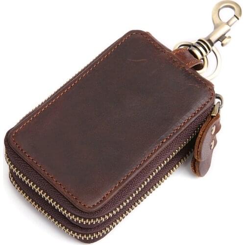 Genuine Leather Double Zipper Key Bag Housekeeper Crazy Horse Cowhide Key Holder Multi Covers Hook Keychain Unisex Car Key Bag
