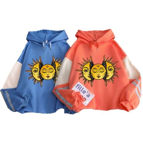 New Harajuku Fashion Hand Drawn Sun Printed Hoodie Sweatshirts Women Long Sleeve Patchwork Hooded Streetwear Female Fleece Hoody