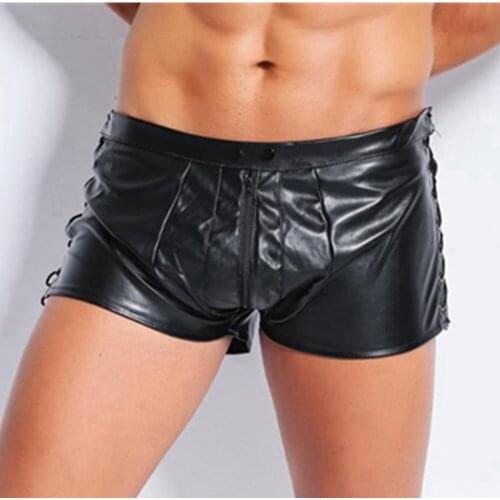 Fashion Patent Leather Lace up Zipper Sexy Shorts for Men Erotic Clubwear Costumes Fitness Panties Fetish Male Lingerie
