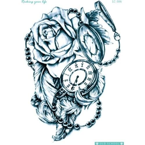 Rocooart LC306 Vintage Clock Tatoo Sticker Black White Flower Temporary Tattoo Sticker Skull Fake Tattoo Taty For Arms Women Men