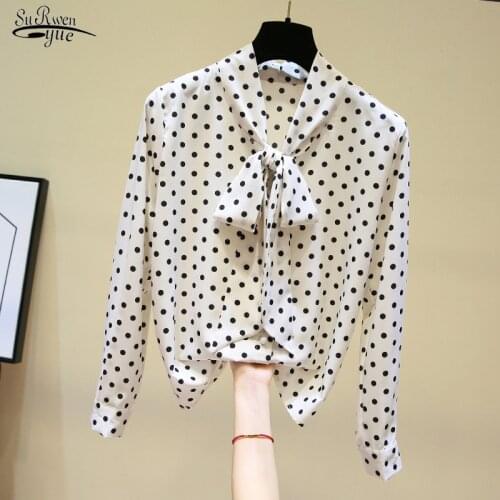 Plus Size Blouse Women Long Bow Collar Office Ladies Tops Sleeve Dot Chiffon Blouse Top Female Womens Tops and Blouses 4807 50