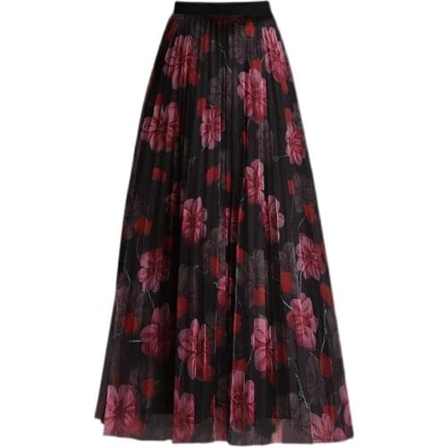 2021 New Arrival Spring Summer Women High Waist Slim Long Skirt High Quality Fashion Flowers Print Mesh Pleated Skirt