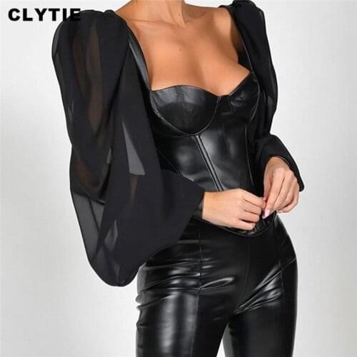 Clytie New Spring Slash Neck T Shirt Women Long Puff Sleeve Casual Bodycon Ladies PU Leather See Through Top