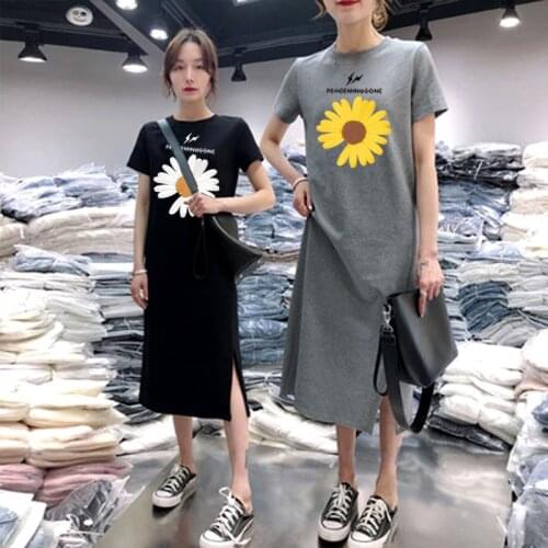 Women Dresses Summer 2021 Plus Size Elegant Fashion A-LINE O-Neck Cartoon Knitting Black Dress Ladies T-Shirt Skirt
