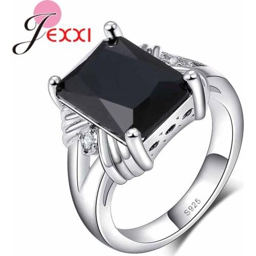 Hot Sale Black Shiny Cubic Zircon Square Ring Classic Engagement Jewelry for Women Solid 925 Sterling Silver Bijoux