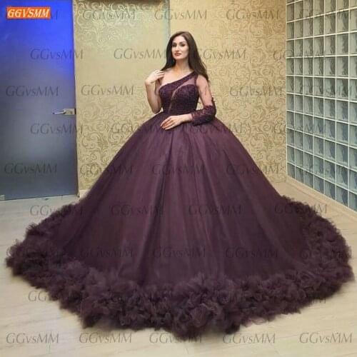 Grape Purple Evening Gowns One Shoulder 2020 Vestido De Festa Long Sleeves Lace Appliqus Beaded Tulle Ball Gown Women Dresses
