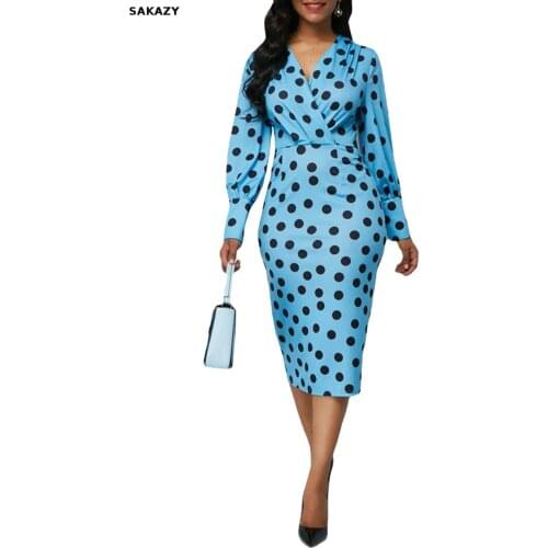 Autumn Vintage Lantern Sleeve Dresses For Women 2021 Elegant Dot Party Dress Fashion Sexy Deep V-neck Office Lady Bodycon Dress