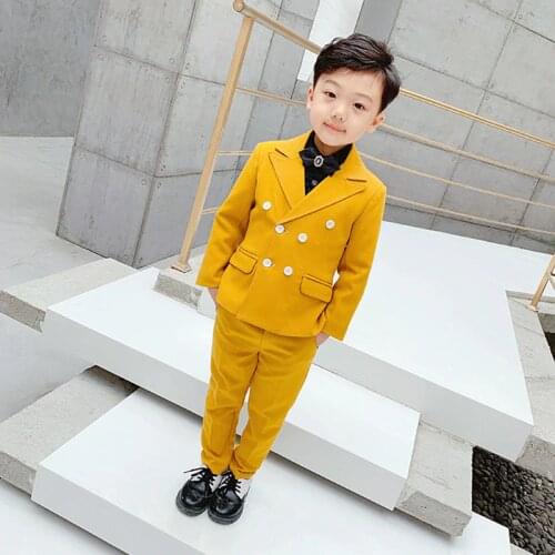 Winter Boys Girls Dress Suit Set Formal Children Catwalk Show Wedding Party Costume Kids Yellow Blazer Vest Pants Clothing Sets