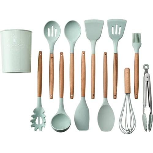 11pcs/set Silicone Kitchenware Cooking Utensils Non-Stick Cookware Spatula Shovel Egg Beaters Wooden Handle Kitchen Cooking Hot