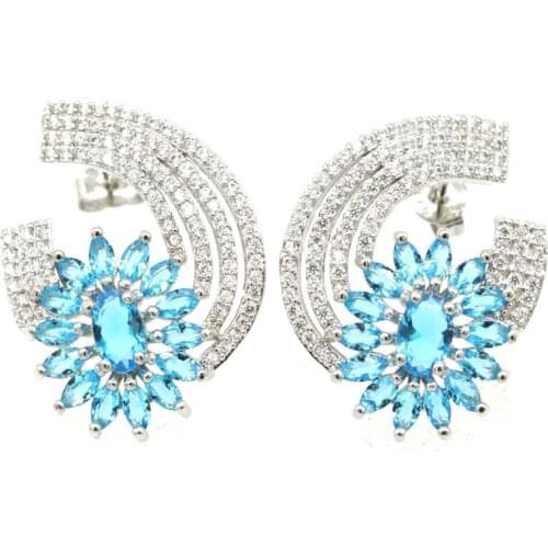 25x19mm Luxury Created London Blue Topaz Paris Blue Topaz CZ For Womans Present Silver Earrings