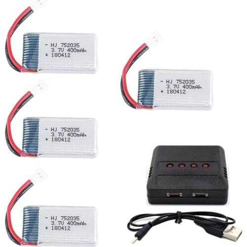 4PCS 3.7V 400mAh Lipolymer High Rate Rechargeable Battery 752035 +Charger For Drone Quadcopter Helicopter 51005 Plug