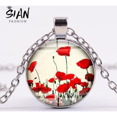 SIAN New Hot Plant Pendant Necklace Red Charm Flowers Natural Handmade Glass Round Necklaces Little Flower Art Pictures Jewelry