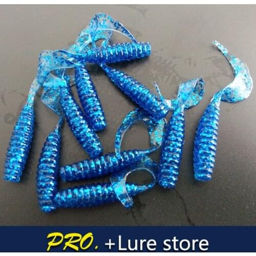Free shipping 100pcs crystal Blue color 6cm circel tail worm soft bait fake plastic soft grub