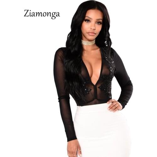 Ziamonga Deep V Neck Long Sleeve Embroidery Lace Sexy Women Bodysuits 2018 New Autumn Winter Basic Tops Sexy Black Mesh Bodysuit