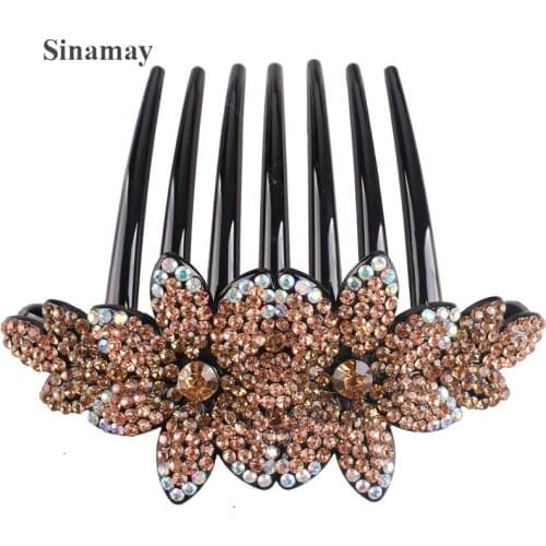 Flower Shining Rhinestone Hair Comb Crystal New Hairpin Handmade Hair Accessories Clamps Shiny Headwear For Women Wedding