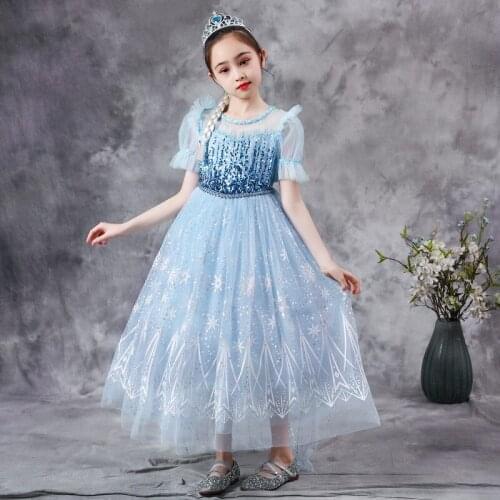 Snow Girls Dress Princess Costume Kids Blue Sequined Mesh Long Dress Halloween Children Snow Queen Cosplay Carnival Clothing