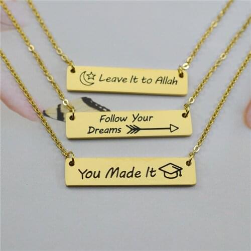 Follow Your Dreams Graduation Jewelry Bar Necklace For Women Men Geometric Minimalist Stainless Steel Chain Choker Engrave Arrow