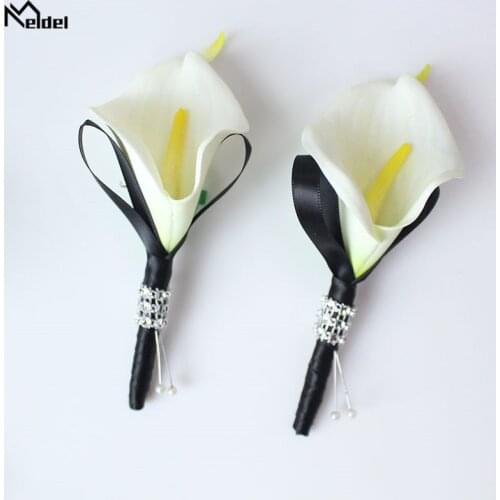 Meldel Artificial White Black Women Brooch Corsage Wedding Boutonniere Groom Flower Wedding Planner Marriage Corsage Accessories