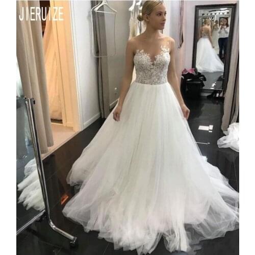 JIERUIZE Sheer Back Beach Wedding Dresses Scoop Neck Summer Boho Sexy A Line Bridal Gowns Lace Appliqued Top robe de mariee