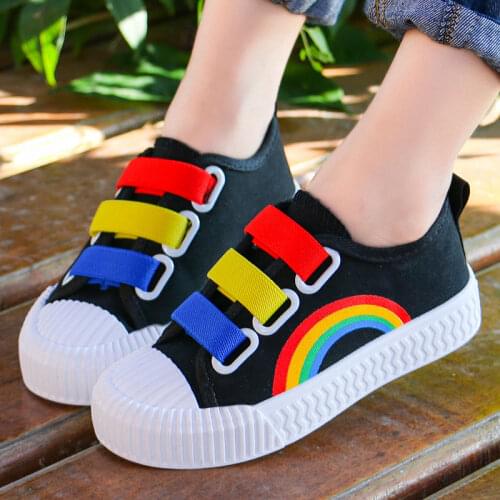 Rainbow Desginer Spring Shoes For Child Girls Black Canvas Sneaker Breathable Boys Slip On Shoes Soft White Fabric Sneakers
