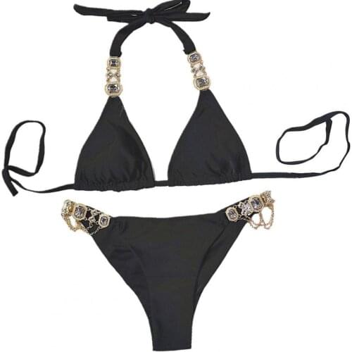 Swimming Costume Faux Crystal Rhinestone Adjustable Polyester Push-Up Bikini Set for Swimming Pool Suit