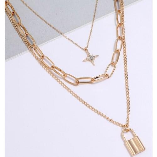 Punk Multi Layer Lover Lock Pendant Choker Necklace Steampunk Padlock Heart Chain Necklace Collier Best Couple Jewelry Gift