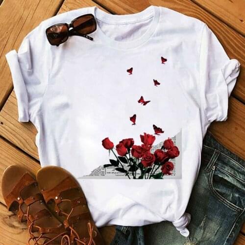 Fashion Women T Shirt Rose Flower Printed T Shirt Butterflies Tops Female Casual Tee Shirts 90s Ladies Graphic T-shirt Tops Tee