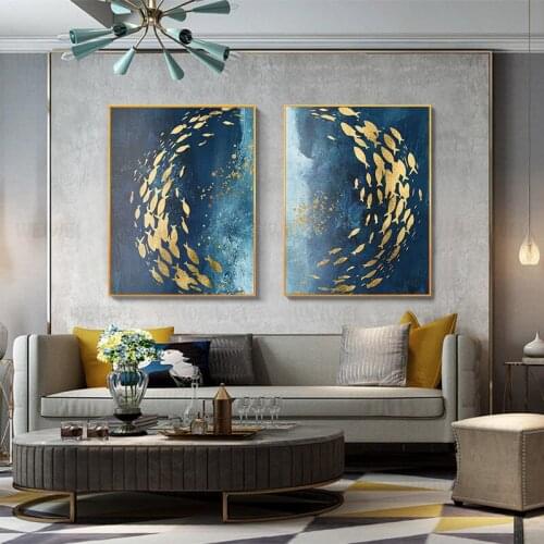 Modern Abstract Nordic Style Wall Art Canvas Painting Golden Fish Blue Sea Poster Home Decoration Wall Painting For Living Room