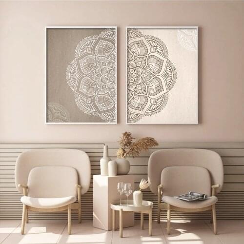 Neutral Colors Mandala Boho Wall Art Print Floral Beige Canvas Painting Poster Picture Zen Yoga Living Room Home Interior Decor