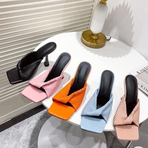 SUOJIALUN New Brand Summer Pleated Women Slipper Ladies Elegant High Heel Sandal Shoes Peep Toe Outdoor Slides Slip On Flip Flop
