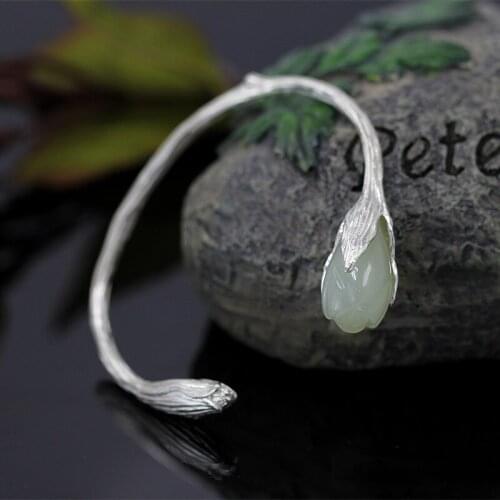 Limited Edition Pure Silver Exquisite Lady Jade Orchid Bracelet Fine Jewelry S990 Silver Chinses Style Jade Silver Bangle