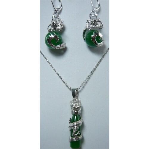 Wholesale fancy design silver plated dragon inlay green Natural jade earrings & pendant jewelry set