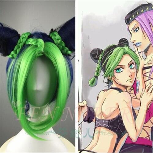 New JoJos Bizarre Adventure Jolyne Cujoh Kujo Cosplay Wig Golden Wind Green Buns Braids JoJo no Kimyou na Bouken Synthetic Hair