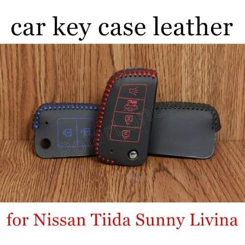 Only Red Car key case fit for Nissan 4 button Tiida Sunny Livina leather car key case Hand sewing car key cover DIY